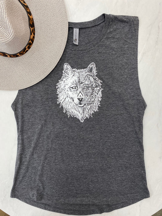 Women's Heather Black Wolf Logo Festival Tank