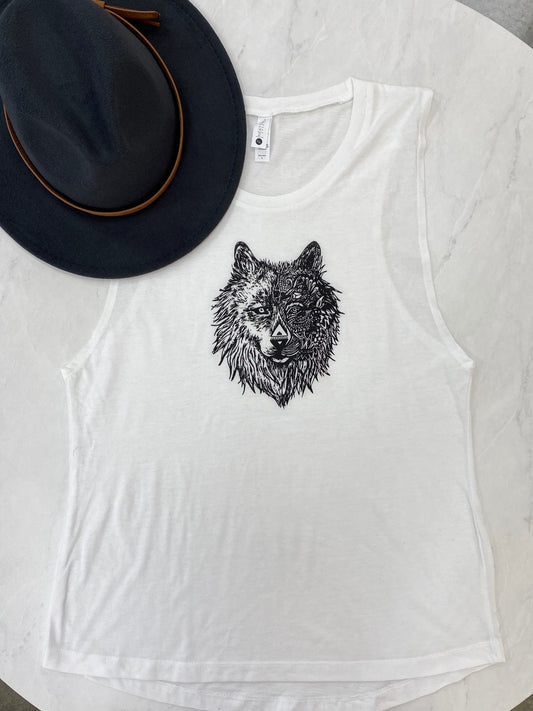 Women's White Wolf Logo Festival Style Tank